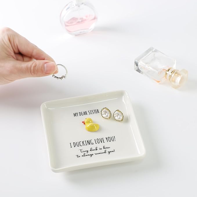 HOME SMILE Duck Ring Dish Tray-Inspirational Birthday Mothers Day Sister Gifts,Soul Sister Friend Gifts for Women Girls Presents for Sister-I Ducking Love You Sister