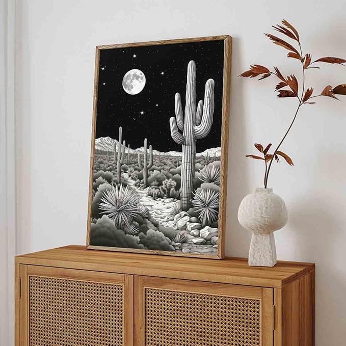Black And White Cactus Wall Art Black Western Canvas Desert Landscape Wall Art Southwest Theme Pictures Vintage Cactus Print Vintage Night Landscape Print Mid Century Boho Picture 16x24inch No Frame