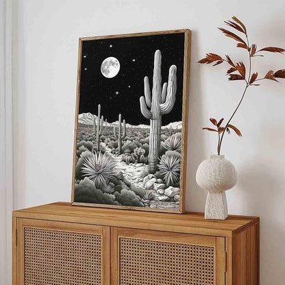 Black And White Cactus Wall Art Black Western Canvas Desert Landscape Wall Art Southwest Theme Pictures Vintage Cactus Print Vintage Night Landscape Print Mid Century Boho Picture 16x24inch No Frame