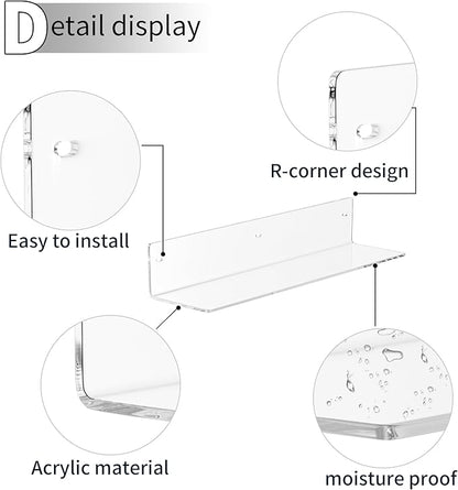 Sezanrpt 16 Inches Clear Acrylic Shelves, Wall Mounted Organizer Shelves for Bedroom, Clear Wall Storage Shelves for Cosmetics, Skincare, Router, Doll, Toiletries, Helmets, 2 Pack