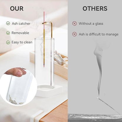 1 Pack Incense Holder for Sticks, Insence-Stick Holder Ash Catcher with Removable Glass [Anti-Ash Flying], Mess-Free Incense Burner Holder,Perfect for Meditation Yoga Relaxation,Home Decor(White Base)