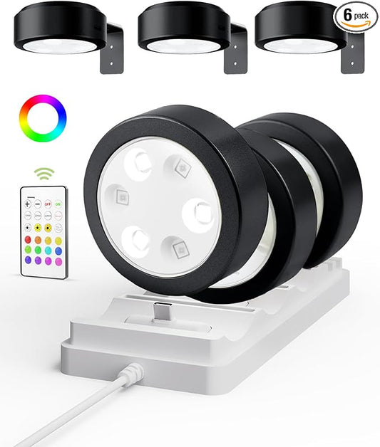EZVALO Picture Lights for Wall, Rechargeable Battery Magnetic Poster Lights with 3 Color Temps & 12 RGB, Remote Dimmable Timer Light, Wall Decor Light for Art Display (6 Pack with Charging Station)