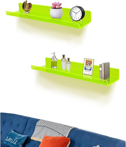 ROYALITA 24 Inches Acrylic Floating Book Shelves Wall Mounted Set of 2, Wall Hanging Plant Display Shelves, Room Decor Floating Wall Shelves for Gaming Room, Bedroom, Living Room, Office, Gree