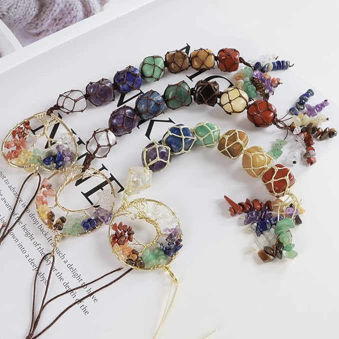 Anjiucc 7 Chakra Stone Healing Crystal Tree of Life Wall Hanging Home Interior Decoration，Window Decoration，Yoga Meditation