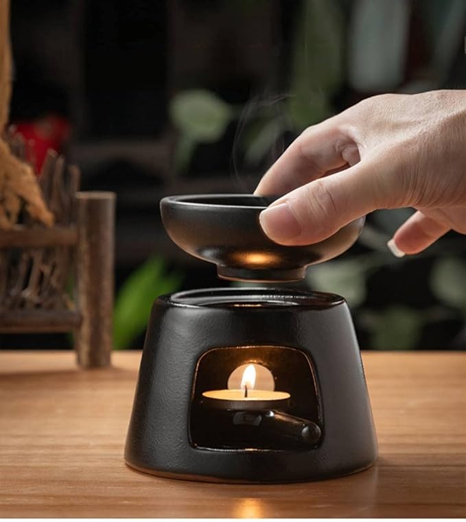 Hand Large Capacity Made Essential Oil Burner Wax Melt Burners, Aromatherapy Aroma Burner Ceramic Oil Diffuser Candle Tealight Holder Home Bedroom Decor Black