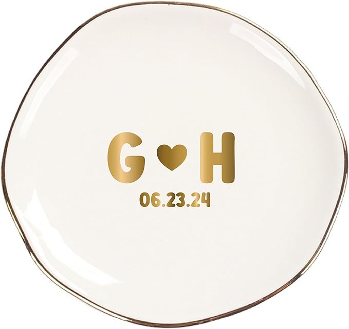 Personalized Ceramic Gold Trim Jewelry Tray Bridesmaid Wedding Engagement Gifts Jewelry Dish Decorative Trinket Custom Ring Dish With Name Couple Initials (Style D)