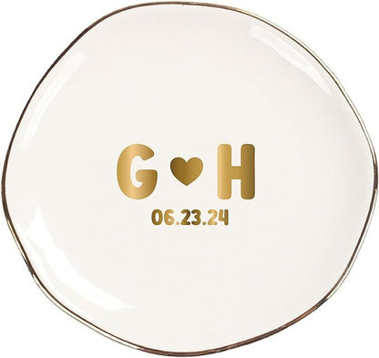 Personalized Ceramic Gold Trim Jewelry Tray Bridesmaid Wedding Engagement Gifts Jewelry Dish Decorative Trinket Custom Ring Dish With Name Couple Initials (Style D)