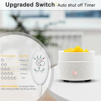 Candle Wax Melts Warmer Burner - Ceramic Essential Oil Warmer 3-in-1 candle warmer Timer Adjust Fragrance Intensity Auto Shut Off for Scented Wax Tart Cube Aromatherapy Home Office Bedroom Decor Gifts