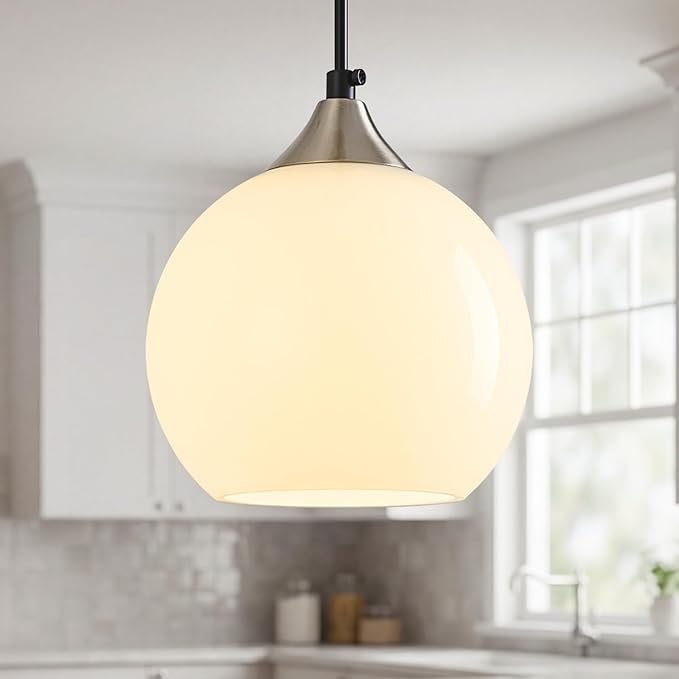 Milky Luster Glass Pendant Lights Kitchen Island Globe Pendant Light Fixtures Modern Pendant Lighting for Bedroom Living Dining Room Light Fixture (5.9 in, 1 Pack)