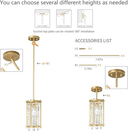 LMQNINE Modern Gold Pendant Lights Kitchen Island, Crystal Chandelier Lights Fixture, Elegant Adjustable Pendant Lighting for Dining Room Bedroom (Round 1-Light)