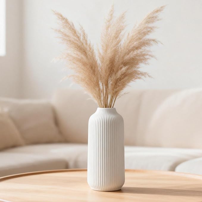 Ceramic Vase in Nordic Style, Decovase Large for Pampas Grass as Boho Deco, Vase White Matt 10 inch for Flowers, Scandinavian Design Home Decoration for Fresh Flowers, Dried Flowers (Size L)