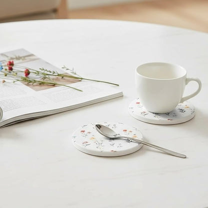 Ceramic Absorbent Coasters Set of 6 with Holder, Marble Drink Coasters for Coffee Table, Water Absorbing Coaster (Floral)