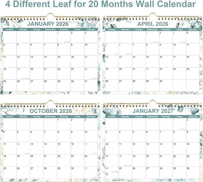2026 Calendar, Wall Calendar 2026 from January 2026 - June 2027, 18 Months Calendar with Premium Paper, Twin-Wire Binding & Hanging Hook, 8.5" x 11", Green Leaf
