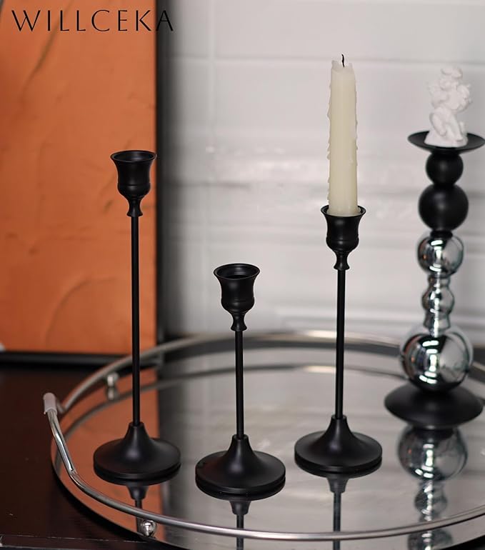 Willceka Black Candlestick Holders, Taper Candle Holders, Set of 3 Matte Black Candle Holder Set, Vintage Table Centerpiece for Wedding Christmas Holiday