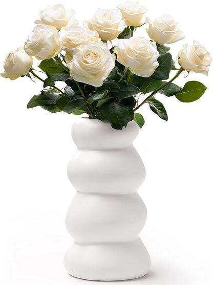 BosilunLife Ceramic Vase with Stacked Bubble Design – Boho Modern Sculptural Flower Vase for Home Decor, Shelf or Table Centerpiece (White)