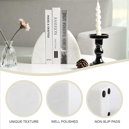 Koville Marble Bookends for Shelves, Large Bookends for Heavy Books, Natural Stone Book Stopper for Books CD Movies, Aesthetic Decorative Book Ends (White)