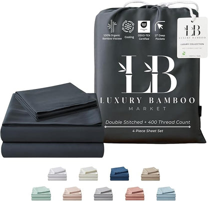 Luxury Bamboo Market | King Size Bed Sheet Set | 100% Viscose Made from Bamboo | Organically Grown | Ultra Soft | Cooling Sheets for Hot Sleepers | 17" Deep Pocket [Charcoal Grey]