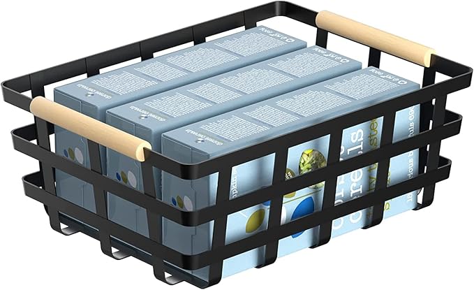 2 Pack X-Large Wire Metal Baskets Thick functional Storage Organizer Farmhouse fruit Bin with Wood Handles for Pantry Cabinets Rustic Kitchen Counter Closet Under Sink, Entryway- Black Upgraded