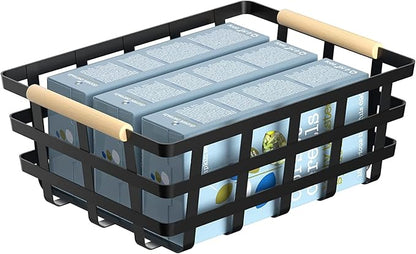 2 Pack X-Large Wire Metal Baskets Thick functional Storage Organizer Farmhouse fruit Bin with Wood Handles for Pantry Cabinets Rustic Kitchen Counter Closet Under Sink, Entryway- Black Upgraded