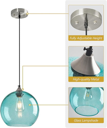 Light Blue Glass Pendant Lights Kitchen Island Globe Pendant Light Fixtures Modern Pendant Lighting for Bedroom Living Dining Room Light Fixture (9.84 in, 2 Pack)