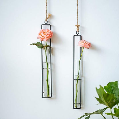 Sziqiqi Hanging Clear Glass Propagation Tube Vase for Cuttings, Hydroponic Plant Propagation Home Balcony Floral Container Wall Decoration Black 2ps (L+L)
