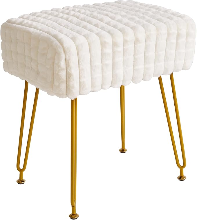 IBUYKE Rectangular Footrest Stool Ottoman, Makeup Vanity Stool Side Table, Velvet Dressing Table Seat, Footstool Chair, Golden Steel Legs, for Makeup Room, Bedroom, Square Grid Pattern, White WBD003W