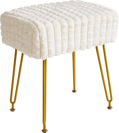 IBUYKE Rectangular Footrest Stool Ottoman, Makeup Vanity Stool Side Table, Velvet Dressing Table Seat, Footstool Chair, Golden Steel Legs, for Makeup Room, Bedroom, Square Grid Pattern, White WBD003W