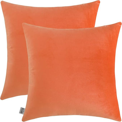 mixeoo Comfy Peach Coral Throw Pillow Covers Decorative Square Solid Velvet Super Soft Cushion Cases Home Decor for Sofa Couch, Set of 2, 18 x 18 Inch