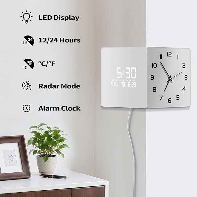 Electric Digital Corner Wall Clock Large Display Temperature 12/24H White Smart Clocks Silent Analog Battery Operated Square Modern Clock with Night Light for Living Room Kitchen Decor 12 Inch