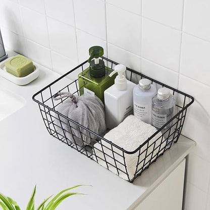 Kitchen Wire Baskets Farmhouse Decor Metal Food Storage Organizer,Household Refrigerator Bin with Built-in Handles for Cabinets,Pantry,Bathroom,Black
