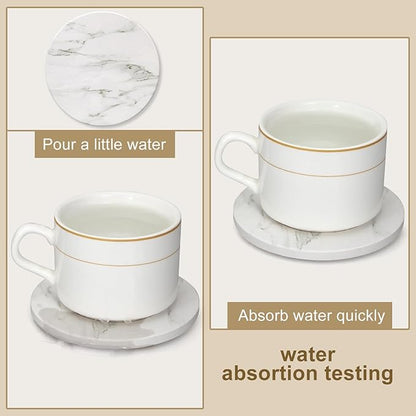 White Marble Coasters Set of 6 - Round Ceramic Absorbent Coasters with Holder for Lounge, Bar, Coffee, Cup, Table, Desk