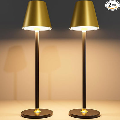 2-Pack Cordless Table Lamps - 5000mAh Rechargeable Battery Operated Desk Lamp, 3-Level Dimmable LED Night Light for Bedroom, Dining, Restaurant - Metal Design(Gold&Black 2-Pack)
