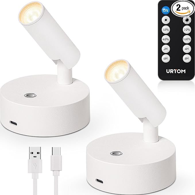 Wireless Spot Lights Indoor with Remote Rechargeable LED Uplighting Indoors Dimmable Warm White Picture Light Up Lights Indoor Battery Operated Spotlight for Plant Artwork Painting, 2 Pack