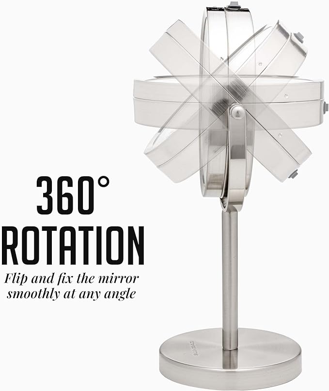 OVENTE Lighted Vanity Mirror 6 Inch Table Top 1X 7X Magnification LED 360 Adjustable Double Sided Spinning Personal Makeup Stand Desk Bathroom Battery Powered Round Large Nickel Brushed MLT60BR1X7X