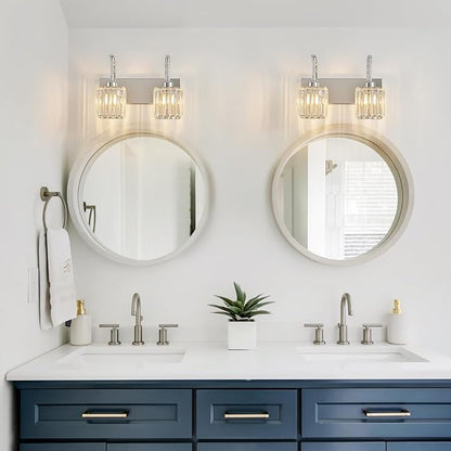 Crystal Vanity Lights 2-Light Chrome Wall Lamp Modern Crystal Bathroom Light Fixtures Over Mirror 13.77" Long Bathroom Wall Sconce