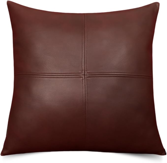 Lambskin Leather Pillow Cover, Hand Panel Stitched Leather Decorative Throw Pillow Covers for Couch Sofa Bed Living Room Garden (22x22 Inches, Deep Maroon Pack of 1)