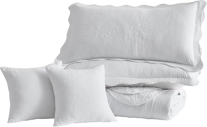 HZ & HY Queen Size Bedspread, Quilted Coverlet Bedding Set, Lightweight Thin Comforter, Reversible, Luxurious, 5 Piece, 100% Microfiber, Queen, White