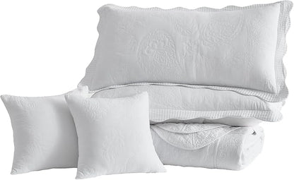 HZ & HY Queen Size Bedspread, Quilted Coverlet Bedding Set, Lightweight Thin Comforter, Reversible, Luxurious, 5 Piece, 100% Microfiber, Queen, White