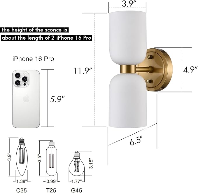 CLAXY Modern Gold Bathroom Vanity Wall Sconce 2-Light Wall Light with Milky Glass Shades Over Mirror Bedroom Stairway