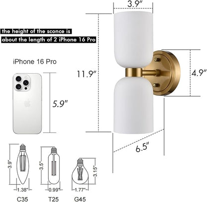 CLAXY Modern Gold Bathroom Vanity Wall Sconce 2-Light Wall Light with Milky Glass Shades Over Mirror Bedroom Stairway