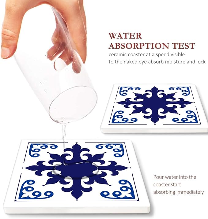 Coasters for Drinks Set of 6, Navy Blue Ceramic Tiles Geometric Pattern Absorbent Square Ceramic Stone Mat, with Cork Base and Metal Holder, Gift for Housewarming Room Bar Decor