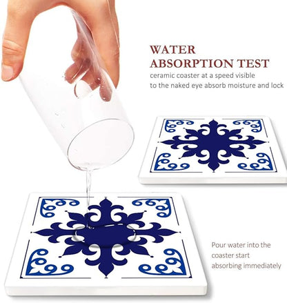 Coasters for Drinks Set of 6, Navy Blue Ceramic Tiles Geometric Pattern Absorbent Square Ceramic Stone Mat, with Cork Base and Metal Holder, Gift for Housewarming Room Bar Decor