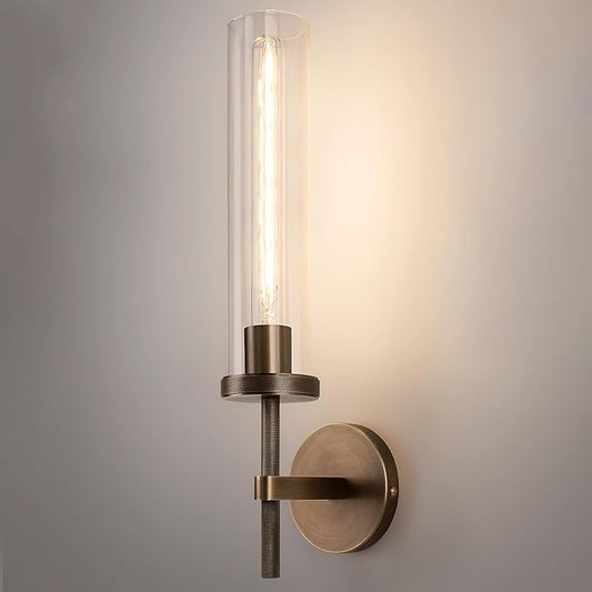 19.5" Knurled Brass Wall Sconce with Clear Glass Tube, Bronze Bathroom Vanity Light Fixtures, Modern Lamp Lighting for Bedroom, Living Room, Hallway, Staircase, Mirror, Kitchen