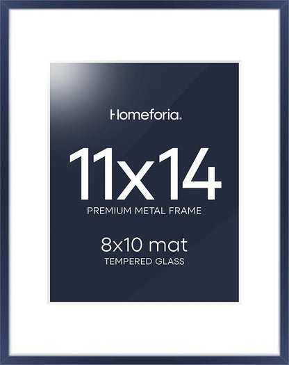 Homeforia 11x14 Picture Frame Navy Blue, High End Metal 11x14 Wall Hanging Frame with Mat 8x10, 11 x 14 Poster Frame Matted to 8 x 10 inch Photo, 11by14 Thin Frames, Tempered Glass, Wall Kit, Set of 1