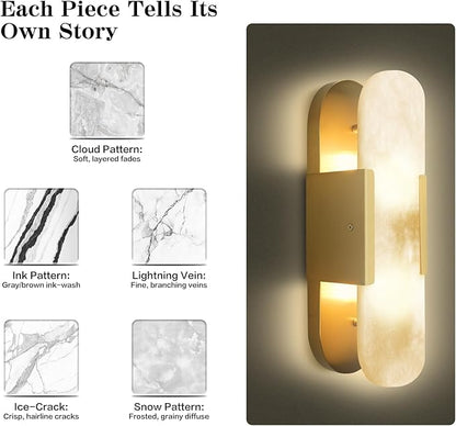 13.8" Brass Alabaster Wall Sconces, Hardwired Indoor Lights, Natural Alabaster Stone Shade, Modern Oval Vanity Lighting for Bedroom, Bathroom, Hallway, Stairs