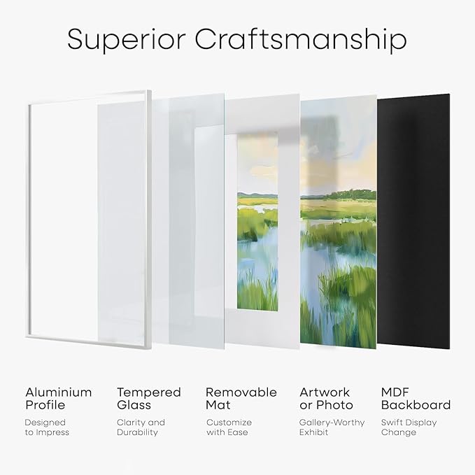 Homeforia 6x8 Picture Frame White, High End Metal 6 x 8 White Frames with Mat 5 x 7 for Art, 8x6 Desk Frame Matted to 5x7 inch Photo, 6 by 8 Wall or Tabletop Frames, Tempered Glass, Wall Kit, Set of 1