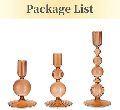 Hewory Glass Candlestick Holders Set: 3PCS Brown Candle Holder Taper Candle Holders Bulk, Crystal Ribbed Candle Sticks Holder Decor for Table Centerpiece Wedding Christmas Thanksgiving Dinner