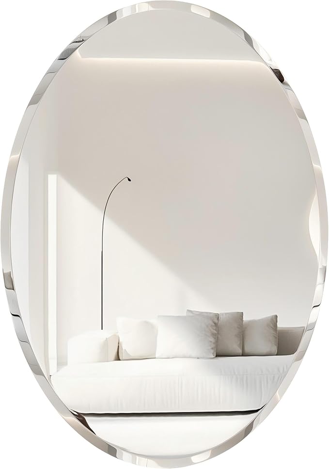 Frameless Oval Wall Mirror: Decorative Elliptical Mirrored Glass Vanity with Beveled Silver Edge for Bathroom Bedroom Livingroom Dining Room Entryway Hallway, 32 x 24 inch