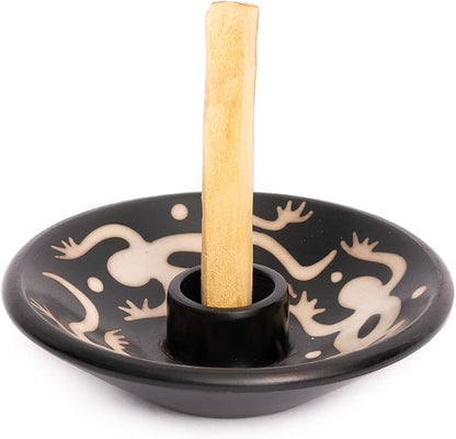 Luna Sundara Authentic Peru Pottery Palo Santo Stick Holder and Incense Holder with 5 Palo Santo Sticks Handmade Ceramic Smudge Bowl Sage Holder Black and White Lizard Gift Set