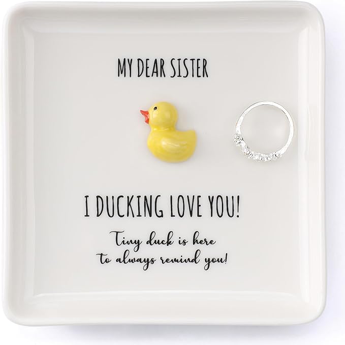 HOME SMILE Duck Ring Dish Tray-Inspirational Birthday Mothers Day Sister Gifts,Soul Sister Friend Gifts for Women Girls Presents for Sister-I Ducking Love You Sister
